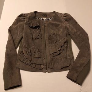 Idra from Anthropologies ruffle leather jacket